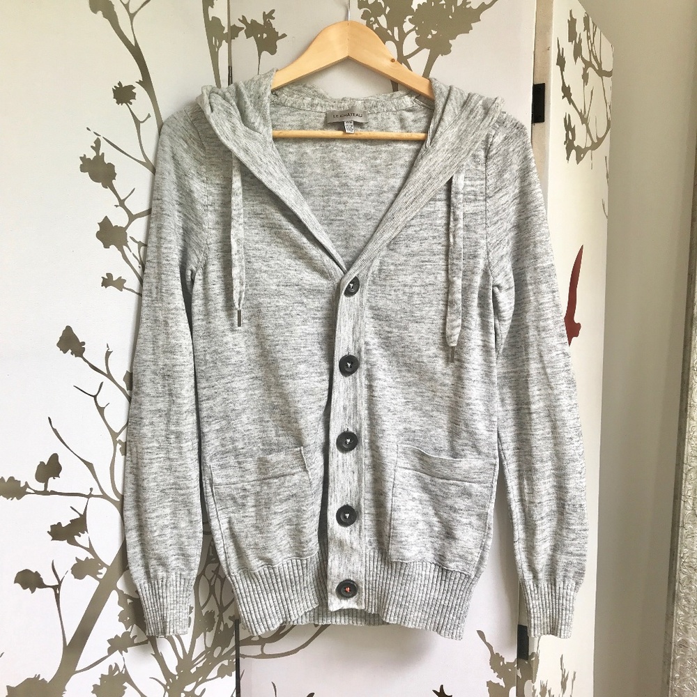 La Chateau Gray Cotton Hoodie Cardigan with Cute Thick Horn Buttons and Pockets